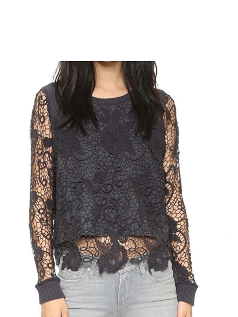 Free People grey Lace Crochet Long-Sleeve Pullover